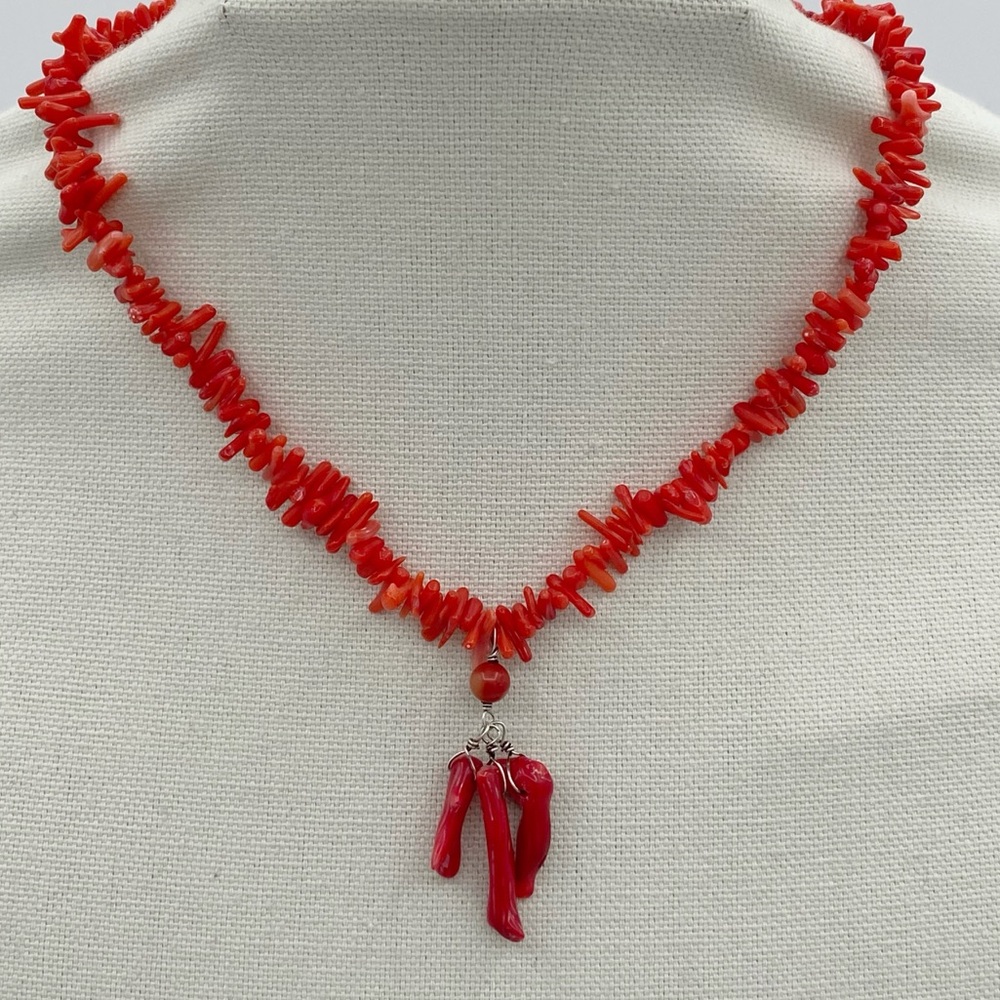 Vintage Red Coral Beaded Necklace With A Sterling Silver Toggle Clasp